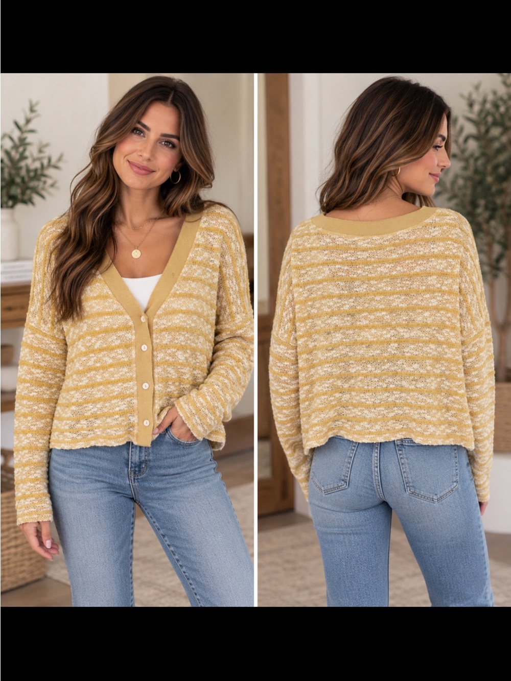 Umgee Striped V-Neck Button Cardigan in Mustard Cream